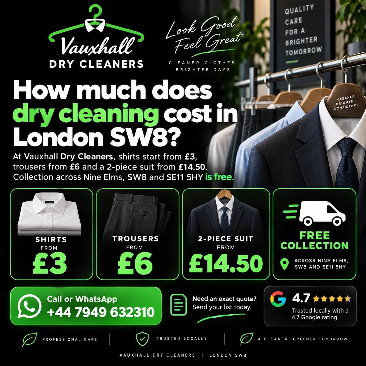 How much dry cleaning costs in London SW8 at Vauxhall Dry Cleaners