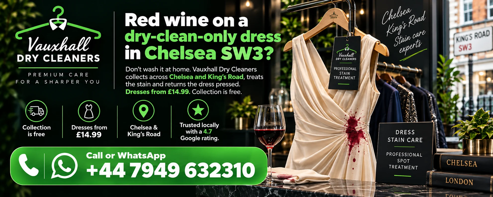 Red wine stain dry cleaning in Chelsea SW3 by Vauxhall Dry Cleaners