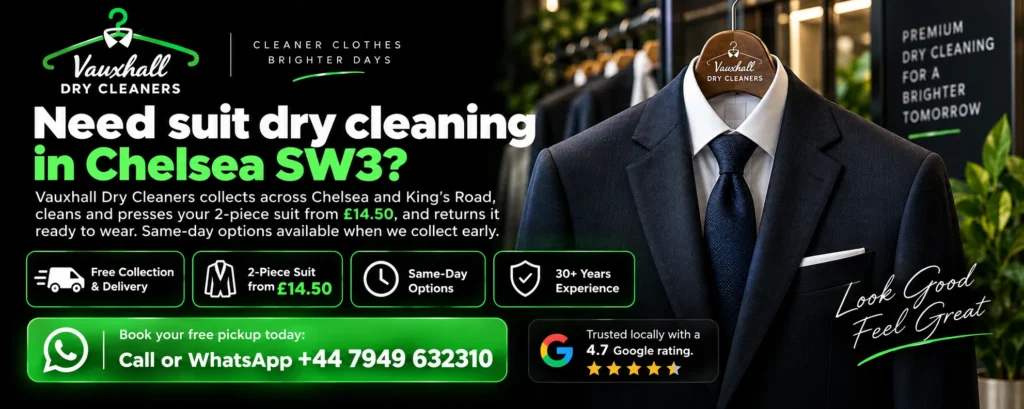 Professional suit dry cleaning in Chelsea SW3 by Vauxhall Dry Cleaners