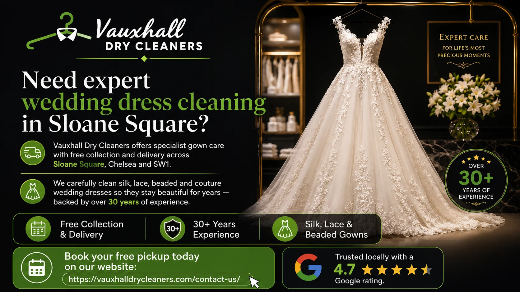 Expert wedding dress cleaning in Sloane Square by Vauxhall Dry Cleaners