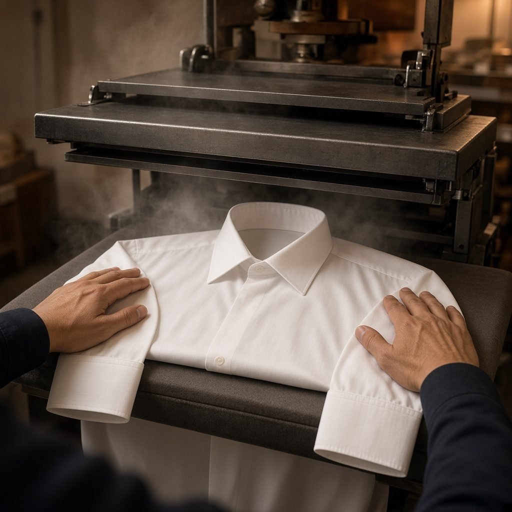 Collar and cuffs of a white shirt being pressed by hand for a shirt service near me in Vauxhall