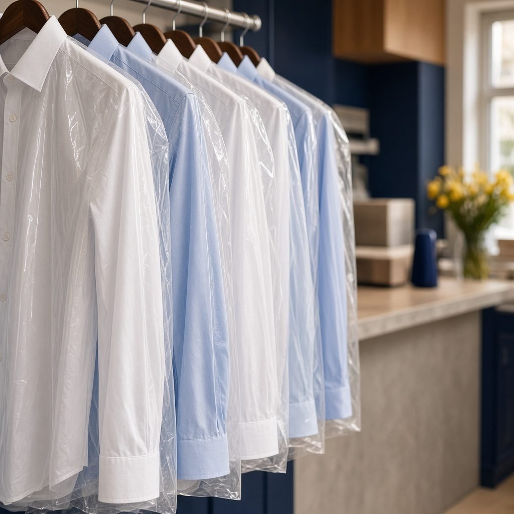 Freshly laundered white and blue shirts on hangers at Vauxhall Dry Cleaners, a shirt service near me in SE11