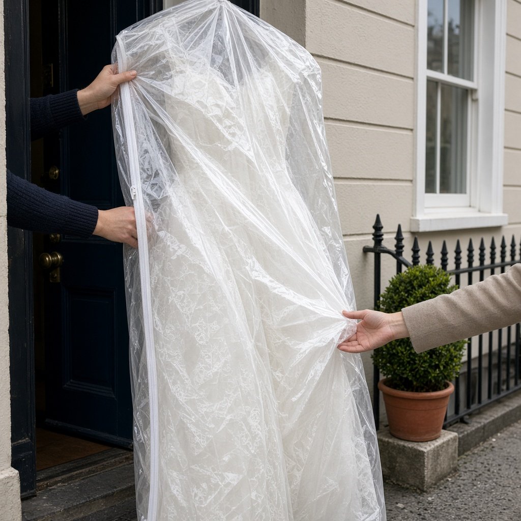Wedding dress in a garment bag handed over at the door for free collection