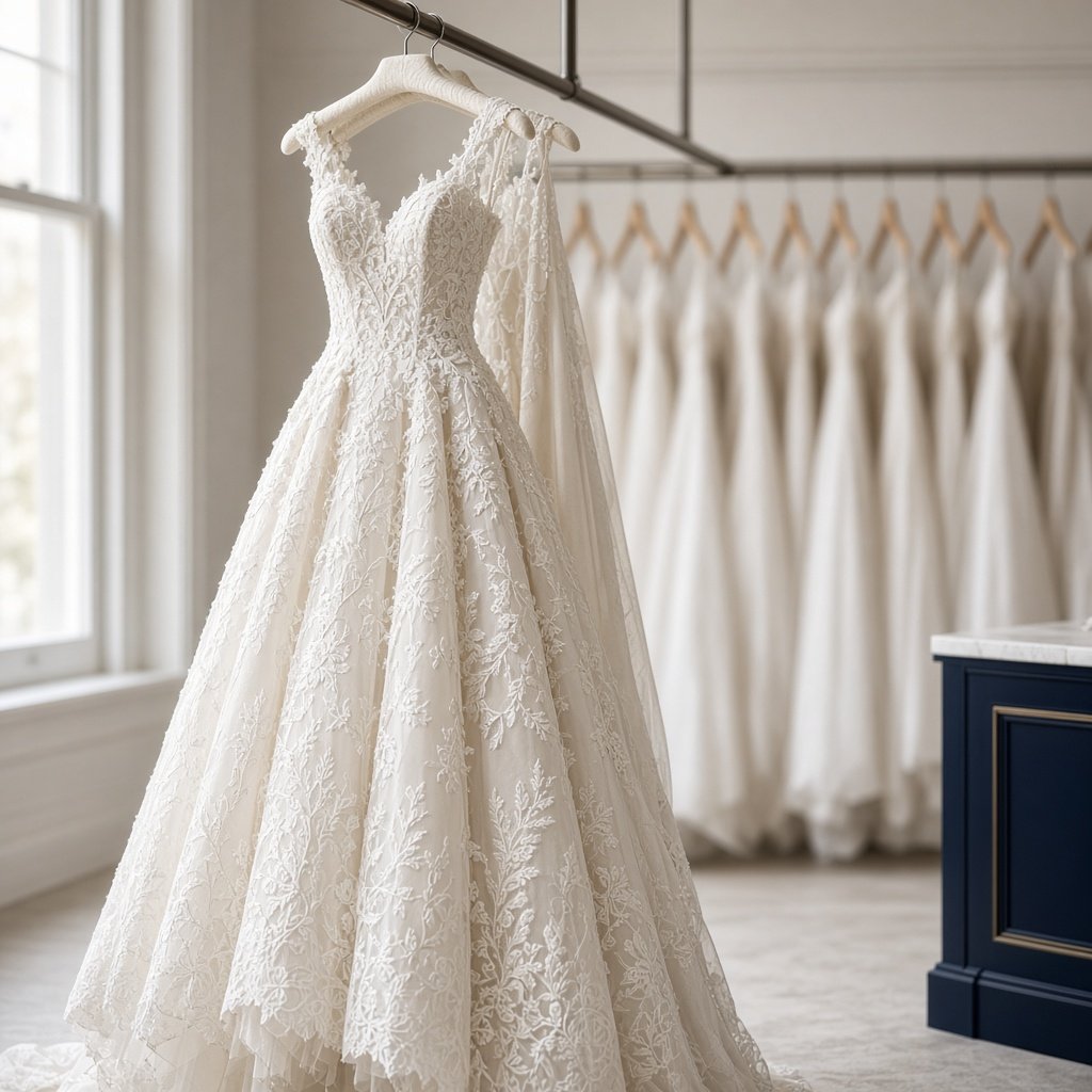 Wedding dress cleaning near me - lace bridal gown on a hanger at Vauxhall Dry Cleaners