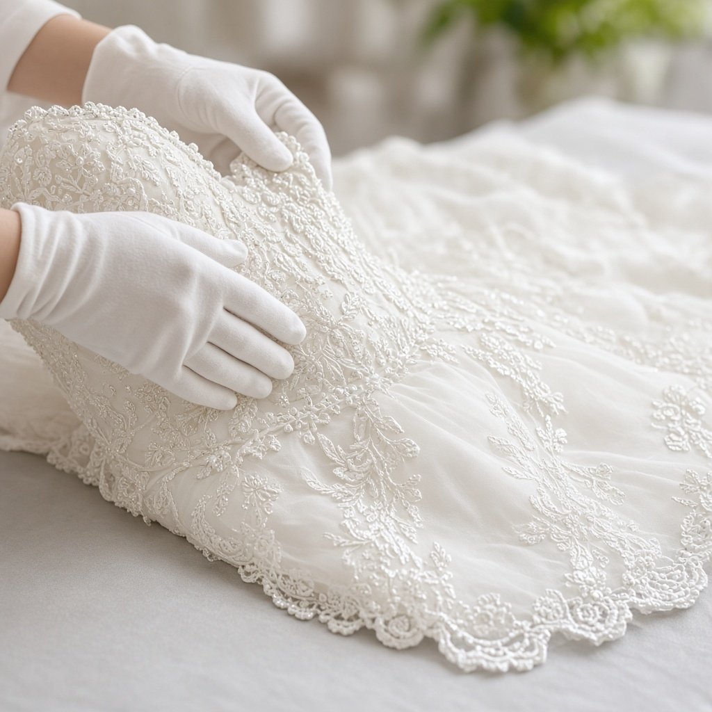 Gloved hands checking beaded lace before wedding dress cleaning